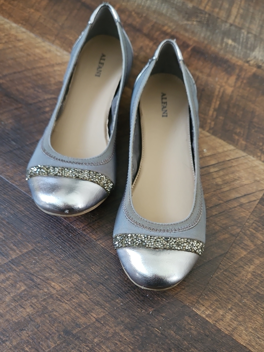 Alfani Gray Flats with Silver Metallic Toe and Crystal Trim